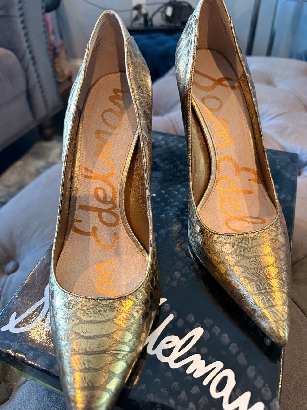 Sam Edelman Metallic Gold Croc-Embossed Pointed Pumps